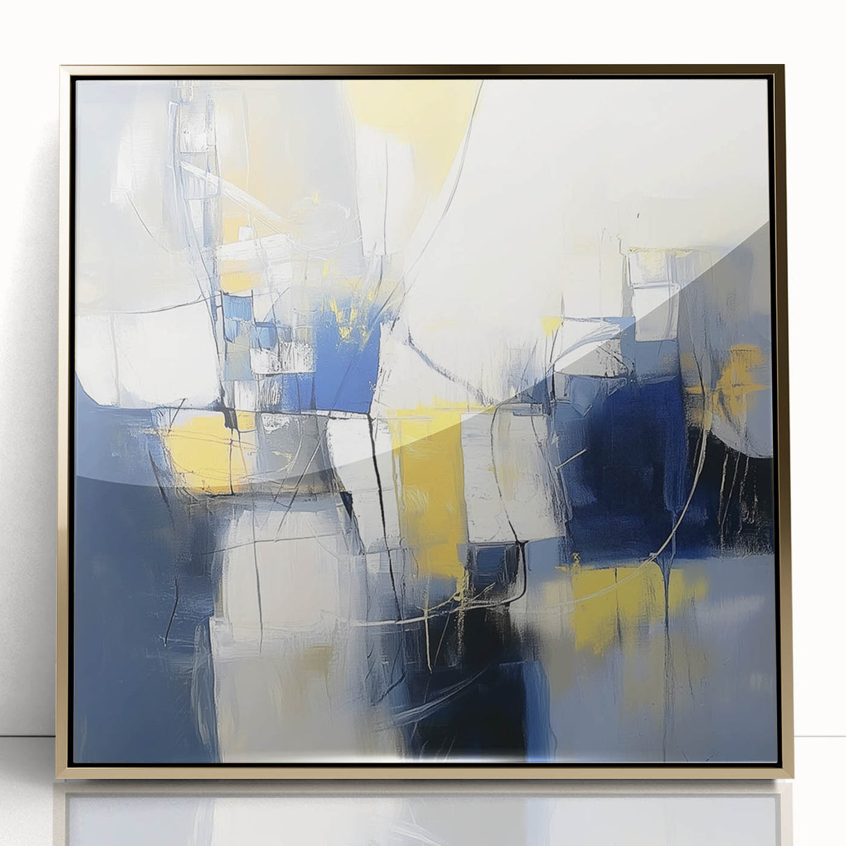 Colorful Abstract Wall Art – Navy, Yellow & White Geometric Canvas