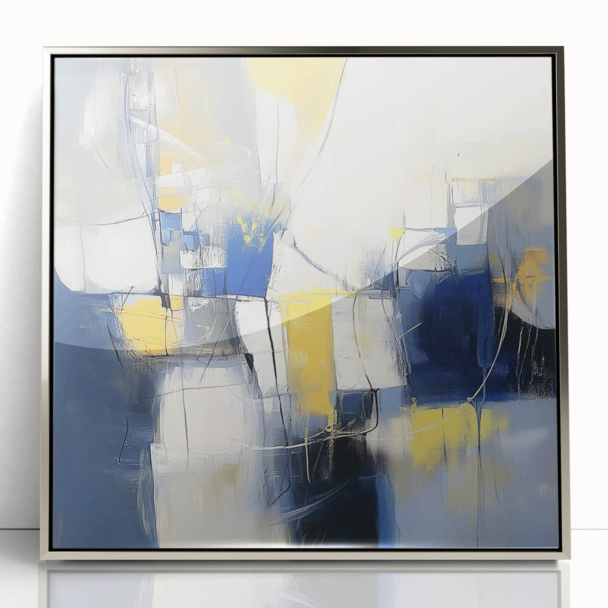 Colorful Abstract Wall Art – Navy, Yellow & White Geometric Canvas
