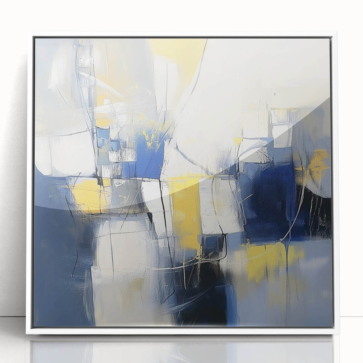 Colorful Abstract Wall Art – Navy, Yellow & White Geometric Canvas