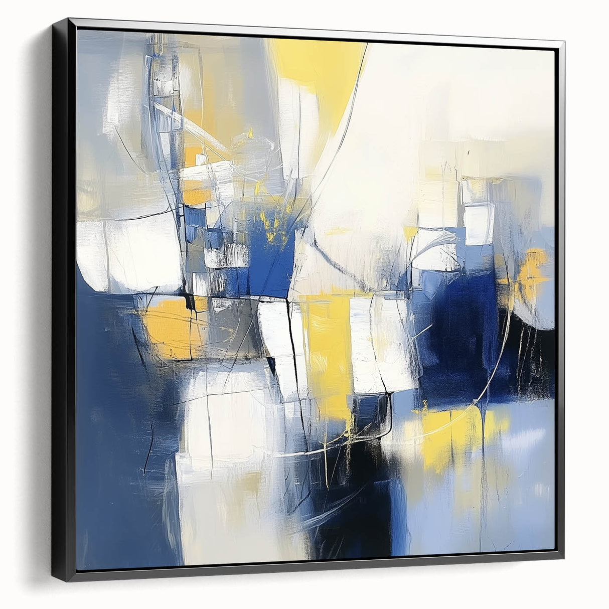 Colorful Abstract Wall Art – Navy, Yellow & White Geometric Canvas