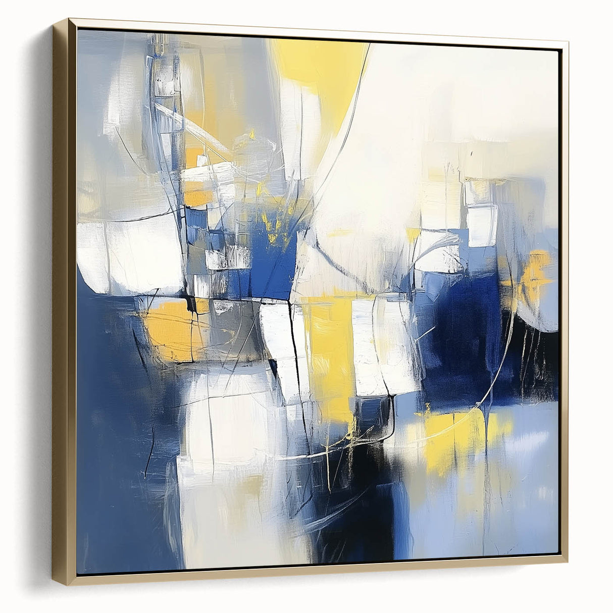 Colorful Abstract Wall Art – Navy, Yellow & White Geometric Canvas