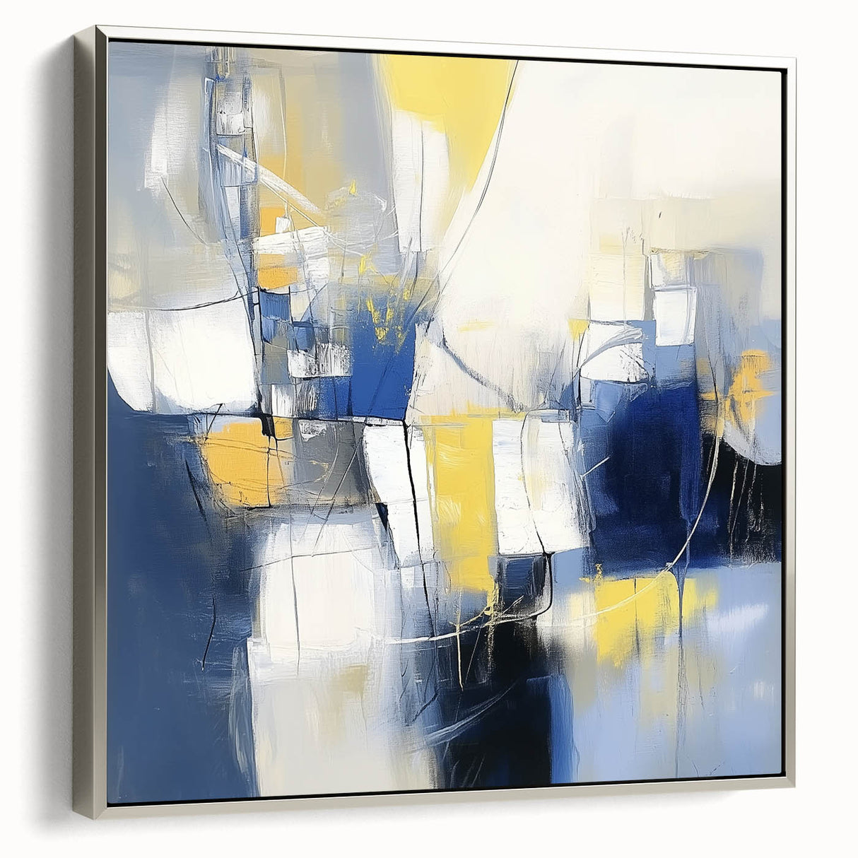 Colorful Abstract Wall Art – Navy, Yellow & White Geometric Canvas