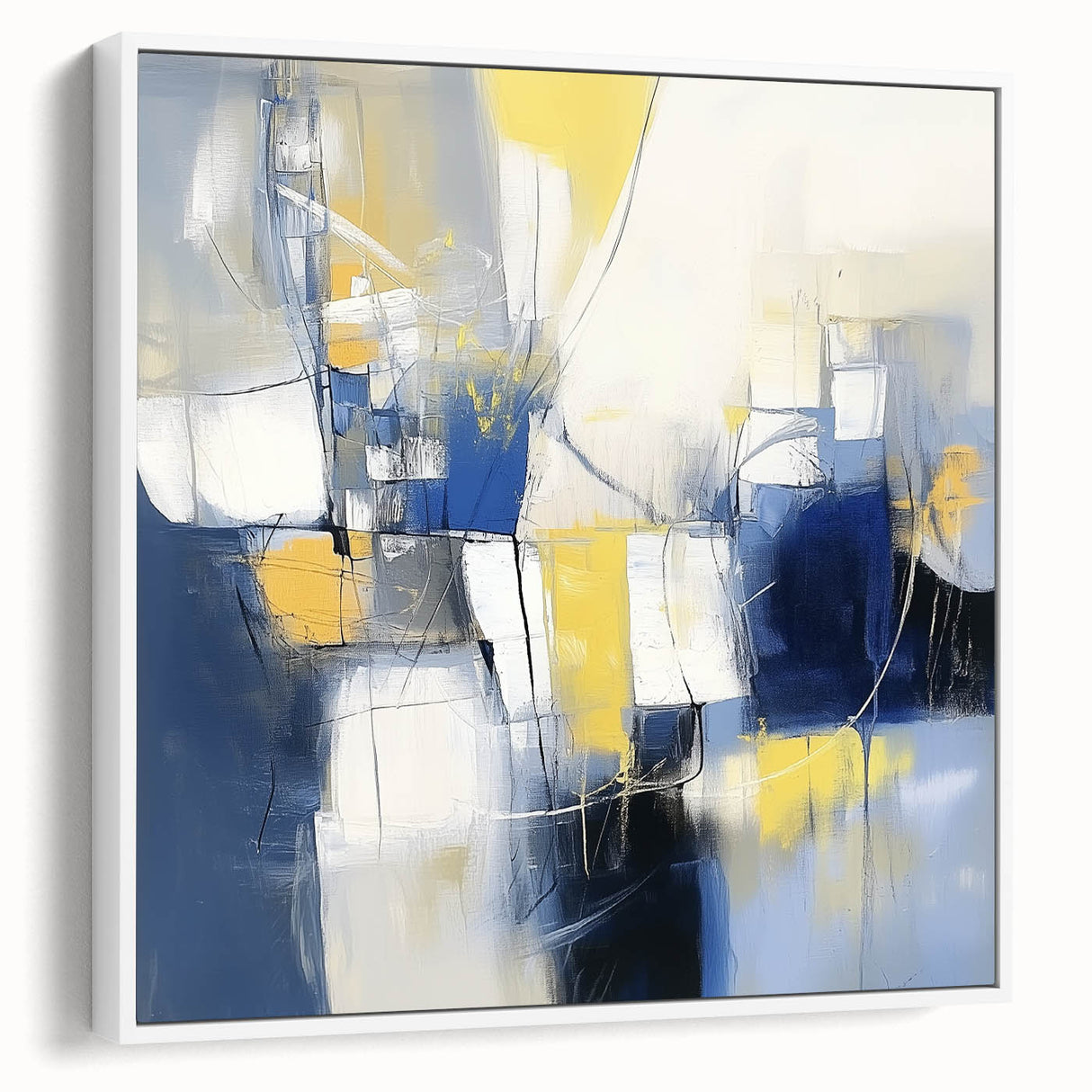 Colorful Abstract Wall Art – Navy, Yellow & White Geometric Canvas