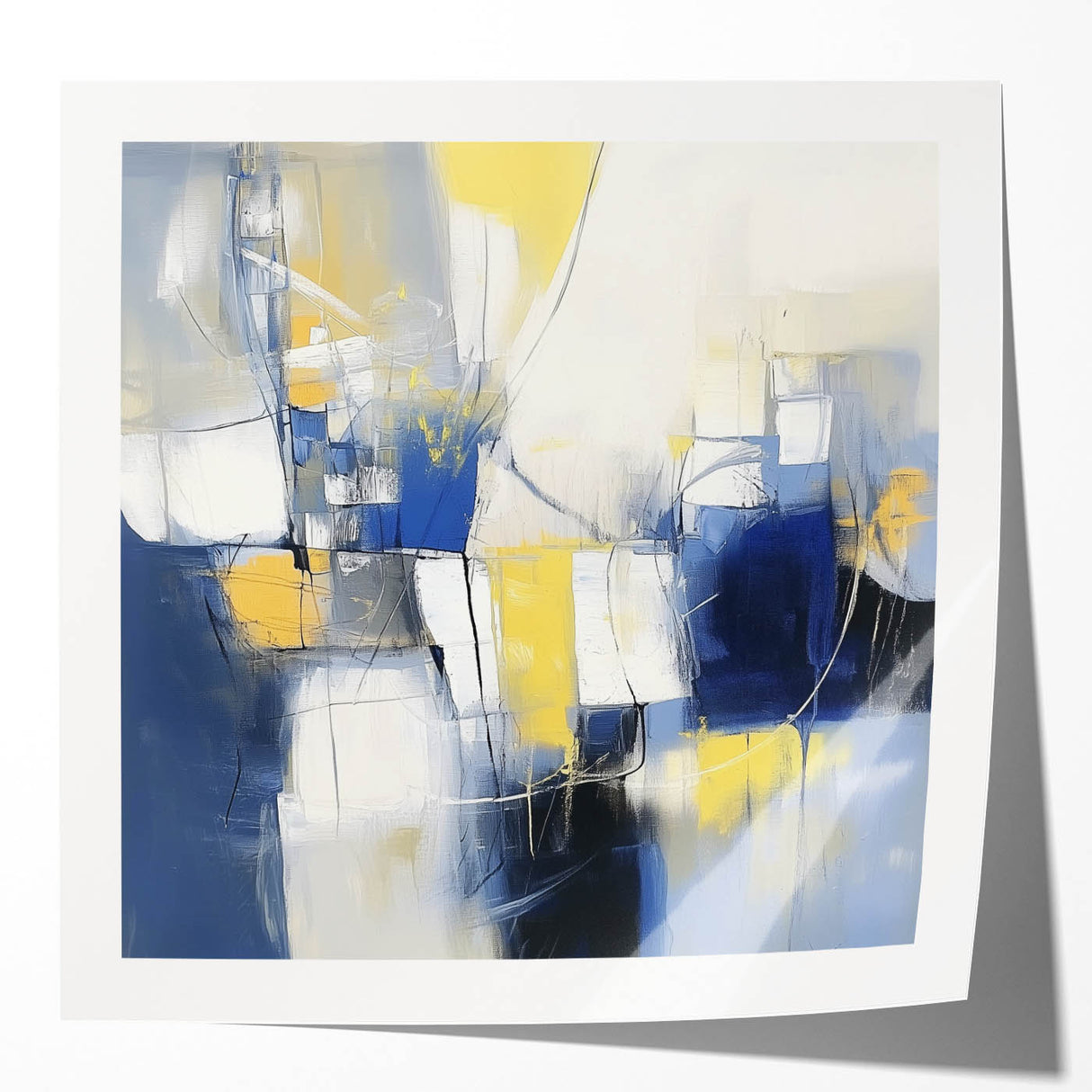 Colorful Abstract Wall Art – Navy, Yellow & White Geometric Canvas