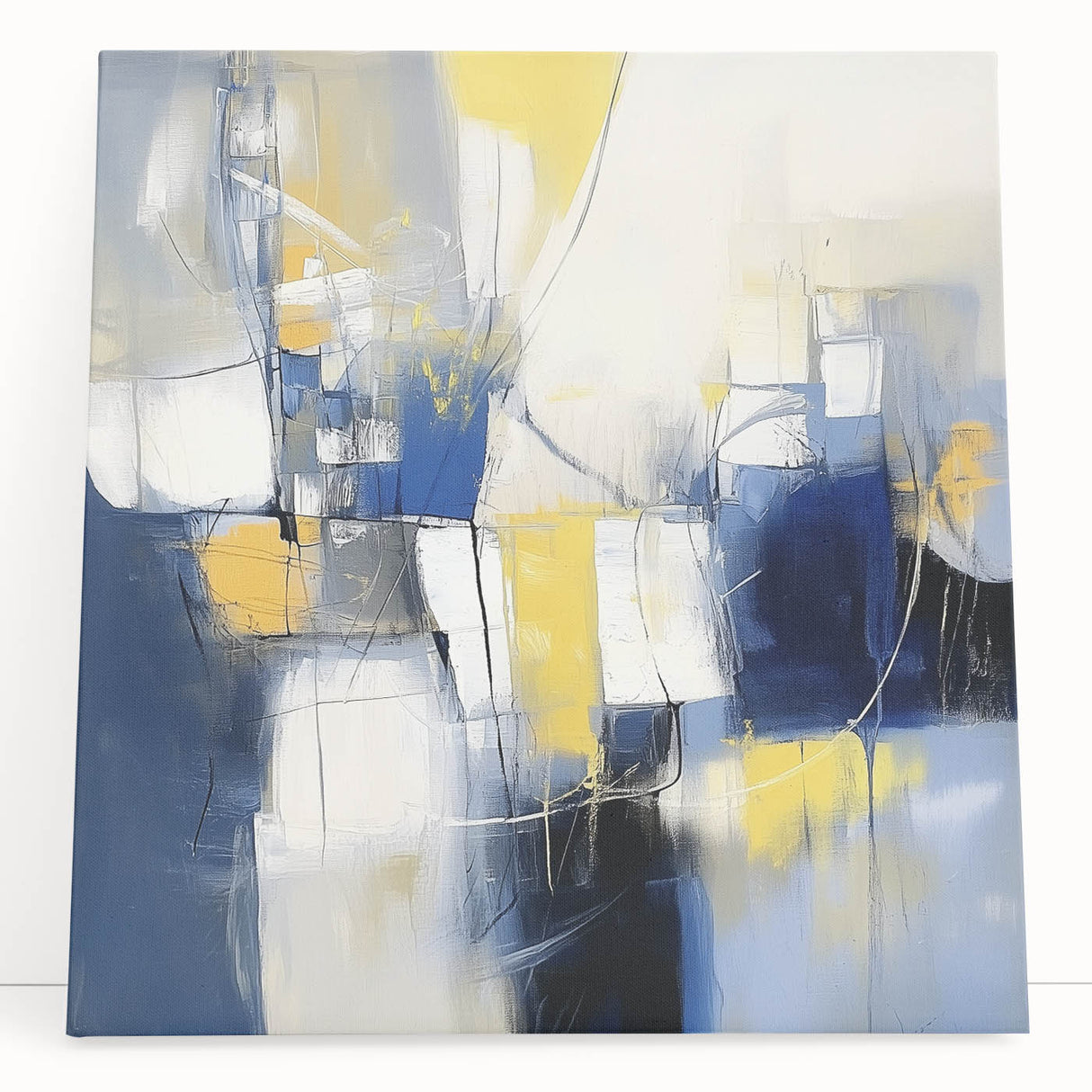 Colorful Abstract Wall Art – Navy, Yellow & White Geometric Canvas