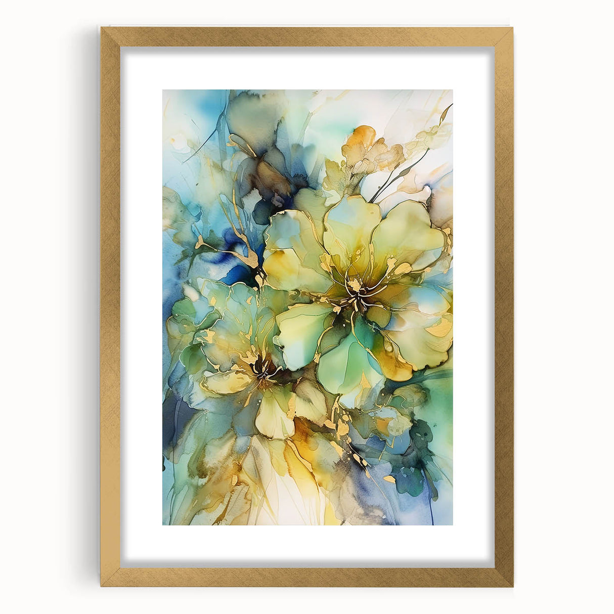 Gold-framed abstract floral art print featuring vibrant colors and intricate details, elegantly matted for a refined presentation, ideal for modern home decor.