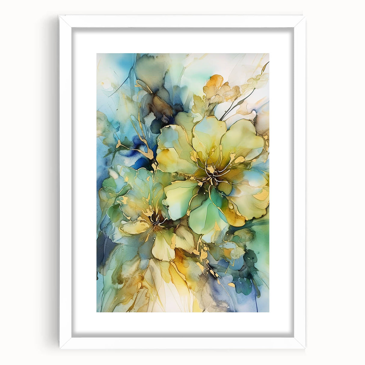 Abstract floral artwork framed in a white mat, showcasing vibrant colors and intricate designs, perfect for modern home decor. Ideal for adding a touch of elegance and creativity to any space.