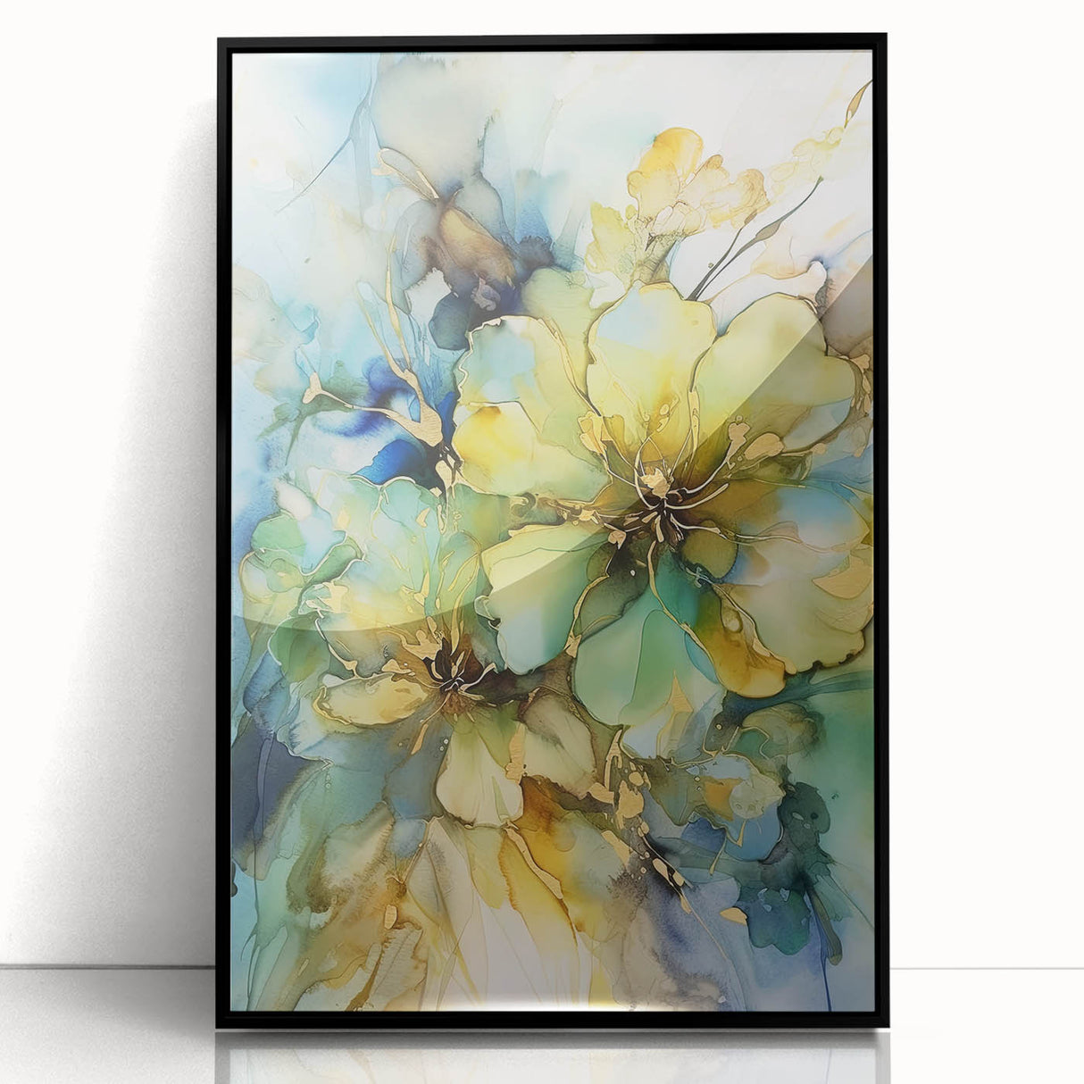 Abstract floral design in a framed black acrylic display, showcasing vibrant colors and intricate patterns, ideal for modern home decor or art enthusiasts. Perfect for adding elegance to any room.