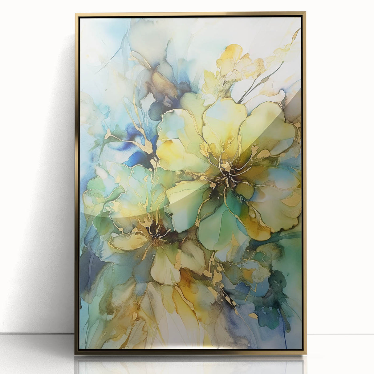 Framed acrylic artwork featuring an abstract floral design in vibrant colors, set against a sleek gold border, perfect for modern home decor.