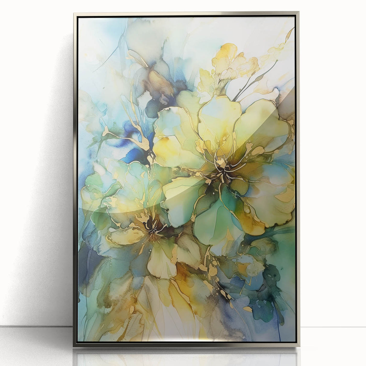 Framed acrylic artwork showcasing abstract floral designs in vibrant colors, set against a sleek silver frame, ideal for modern home decor.