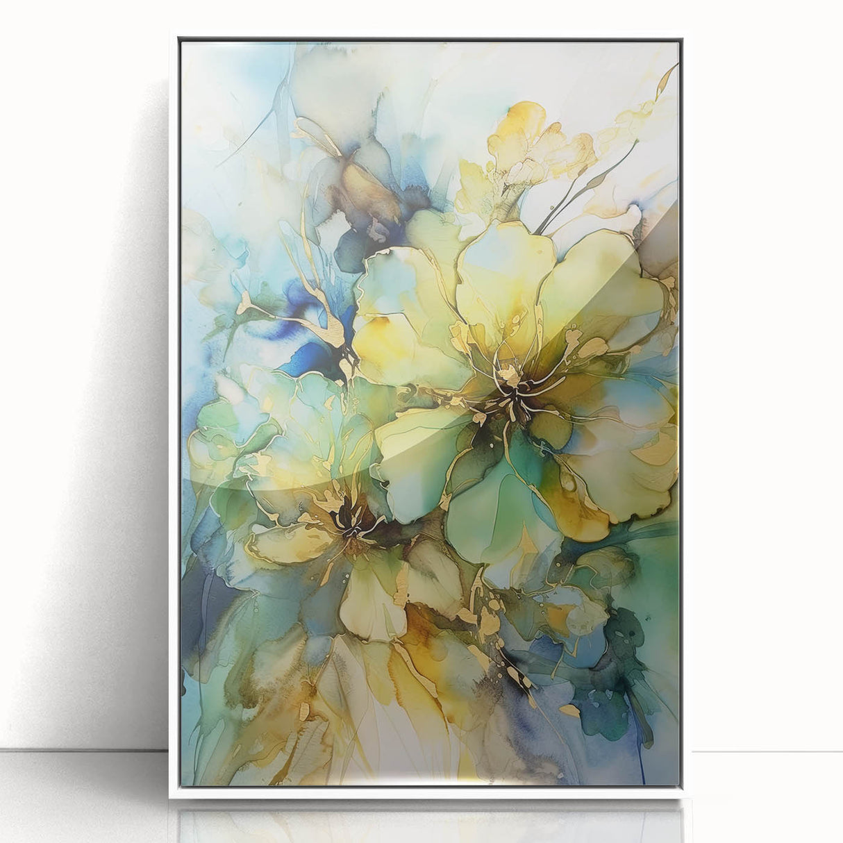 Framed acrylic artwork presents an abstract floral design with vibrant colors, showcasing a modern aesthetic suitable for home decor or office settings.
