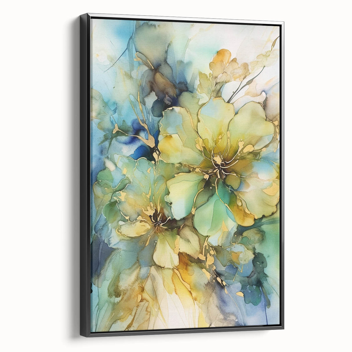 Framed canvas artwork showcasing abstract floral designs in vibrant colors, displayed against a black background, ideal for modern home decor.