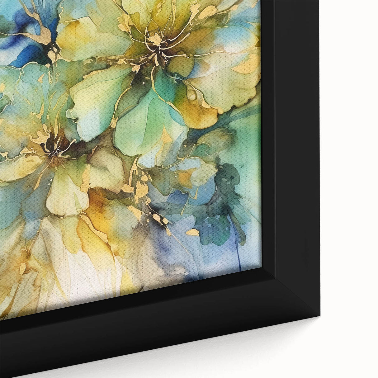 Close-up of a framed abstract floral canvas artwork showcasing vibrant colors and intricate details, ideal for contemporary home decor or art enthusiasts.