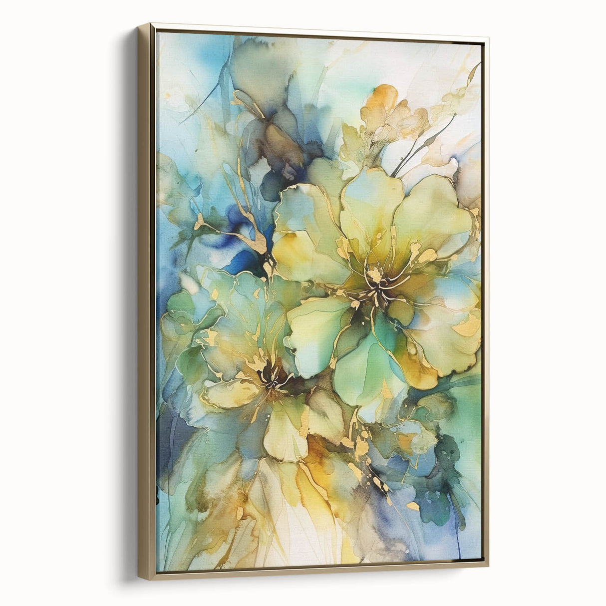 Framed canvas artwork showcasing an abstract floral design with vibrant colors and gold accents, displayed in a stylish side view to highlight its elegant frame. This piece adds a touch of modern sophistication to any interior decor.