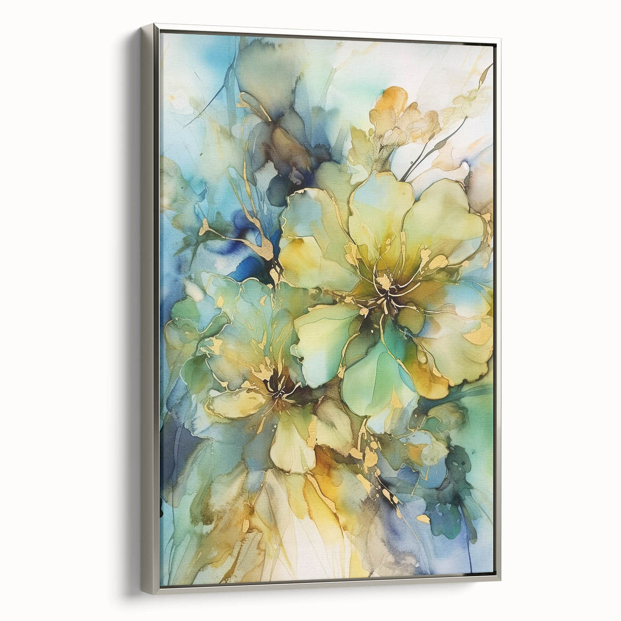 Framed canvas artwork showcasing an abstract floral design in vibrant colors, set against a sleek silver frame, ideal for modern home decor.