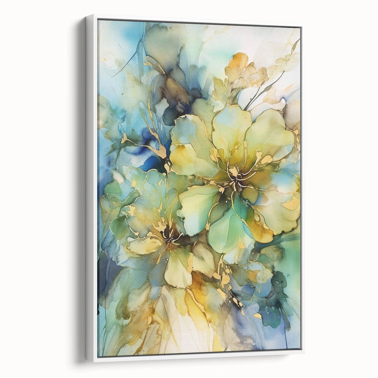 Framed canvas artwork showcasing abstract floral designs in vibrant colors with a white background, viewed from the side, ideal for modern home decor.