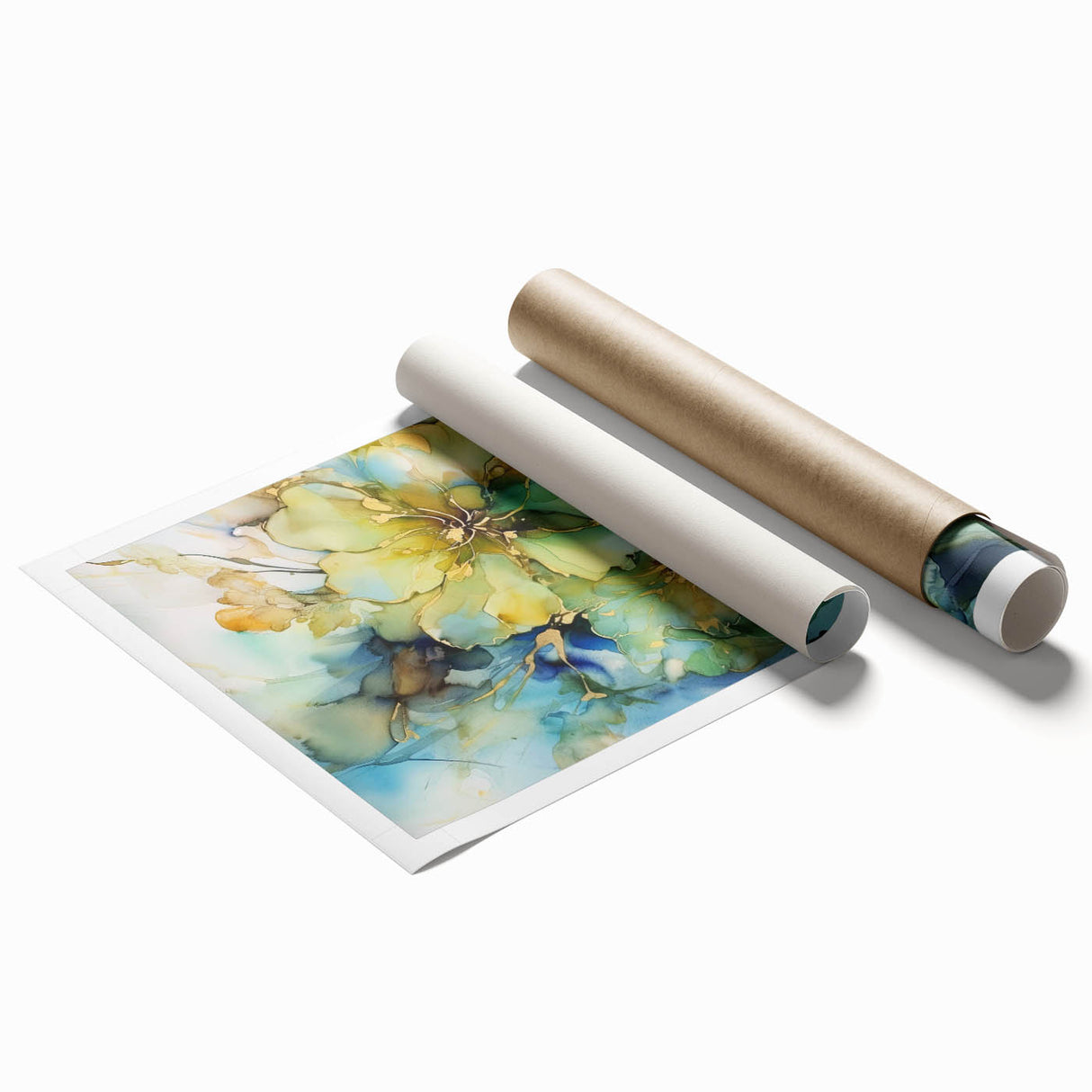 Colorful abstract floral design on a rolled canvas print, showcasing vibrant hues of pink, blue, and yellow. Ideal for home decor, it comes securely packaged in a protective cardboard tube. Perfect for brightening any living space with its artistic flair.