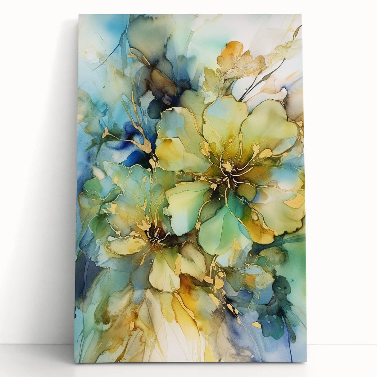 Abstract floral design on stretched canvas, featuring vibrant colors and intricate patterns, leaning against a neutral background, perfect for modern home decor.