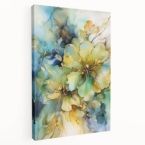 Abstract floral stretched canvas artwork showcasing vibrant colors and intricate details, displayed in a side view to highlight its textured surface and depth. Ideal for modern home decor, this piece adds a touch of elegance and creativity to any space.