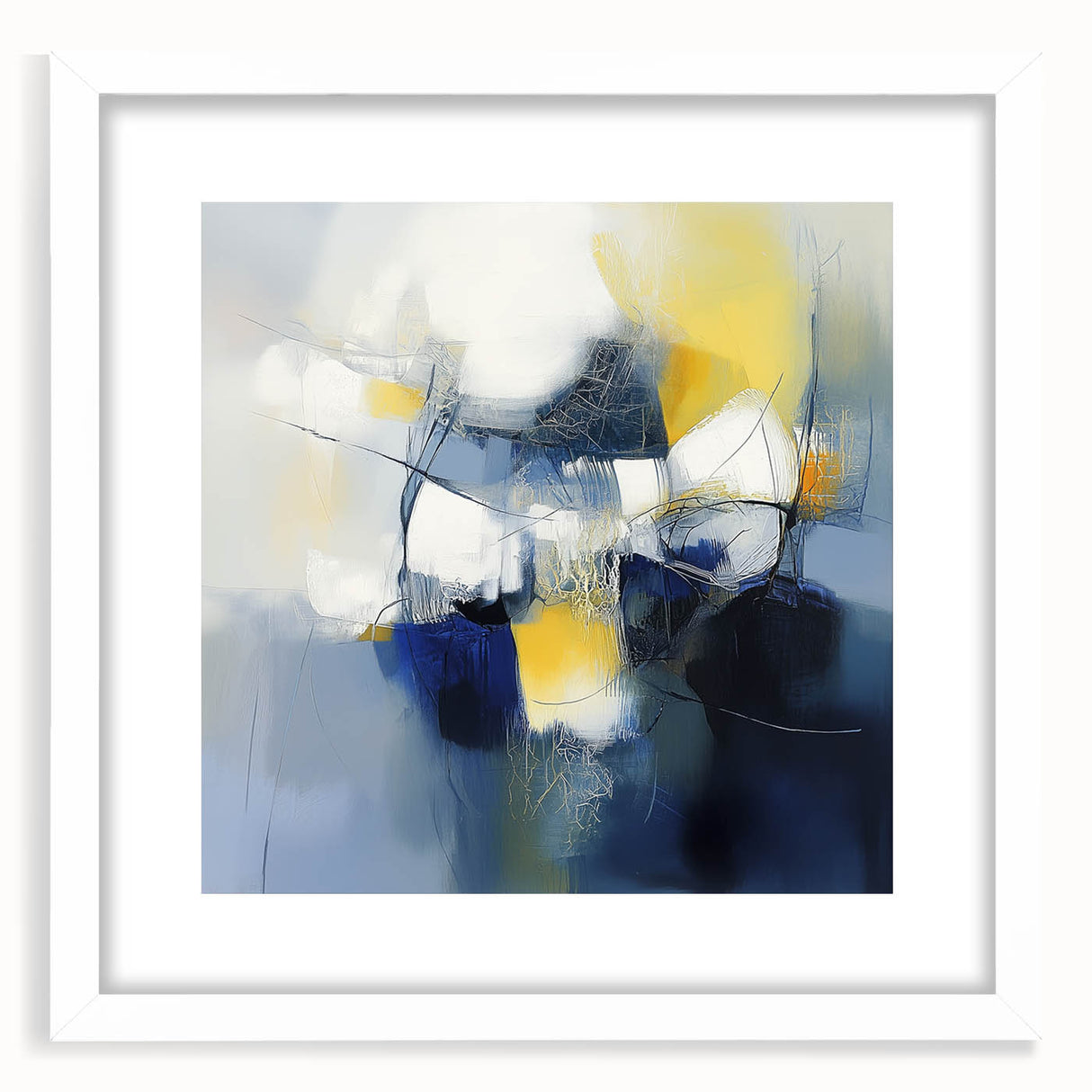 Abstract Art Prints – Bold Blue, Yellow & White Modern Composition