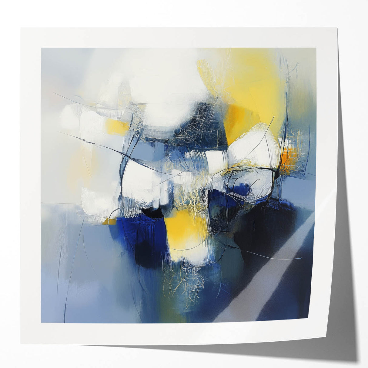 Abstract Art Prints – Bold Blue, Yellow & White Modern Composition