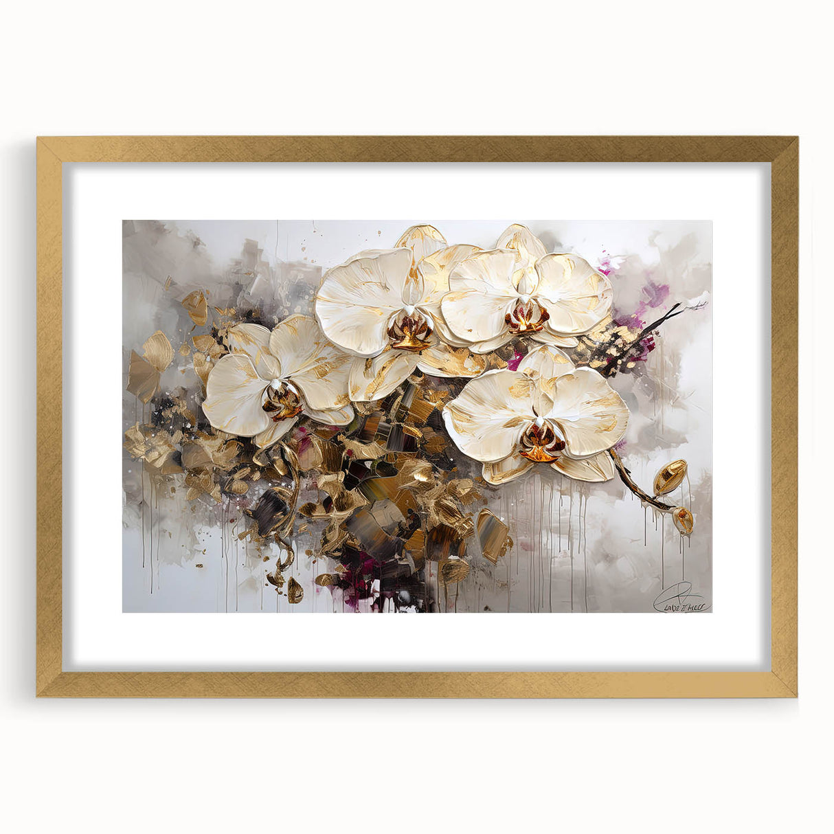 Abstract floral artwork framed in a gold mat, showcasing vibrant colors and intricate patterns, perfect for enhancing modern home décor and adding elegance.