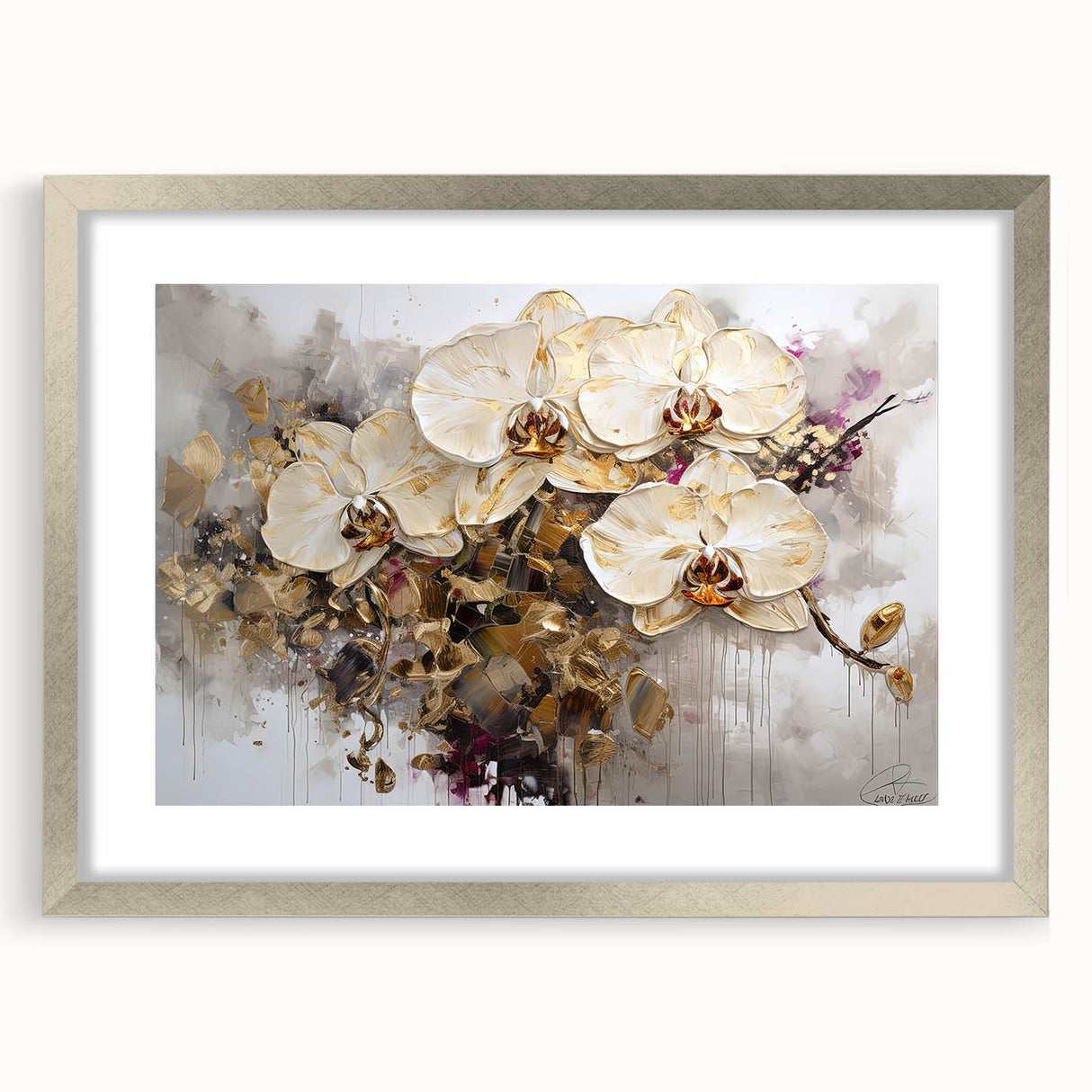 Elegant silver-framed abstract floral artwork with a mat, showcasing delicate petals and vibrant colors, perfect for modern home decor and art enthusiasts.