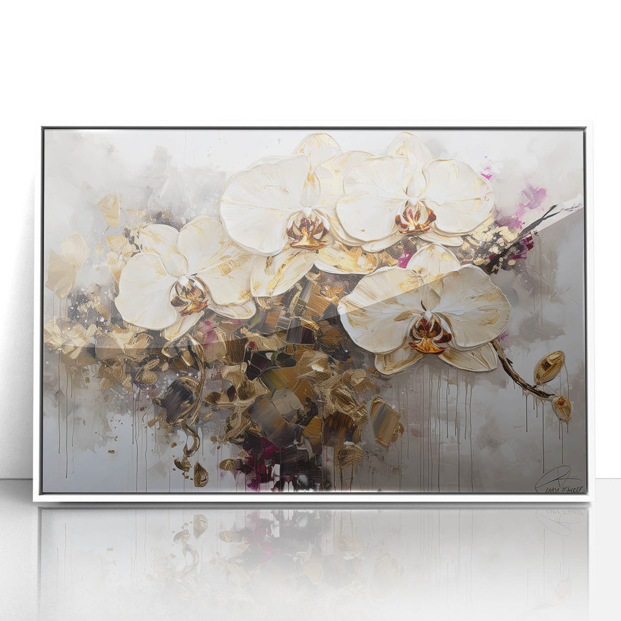 Framed acrylic artwork showcasing an abstract floral design in vibrant colors, set against a crisp white background, perfect for modern home decor or office spaces.