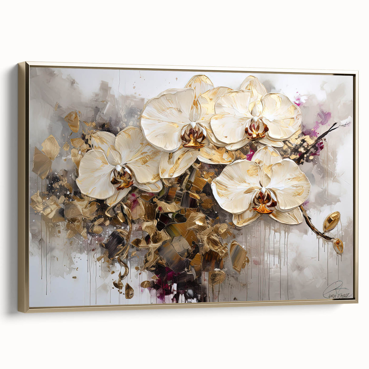 Framed canvas artwork showcasing abstract floral designs in vibrant colors, featuring a gold border that adds elegance, perfect for modern home decor.
