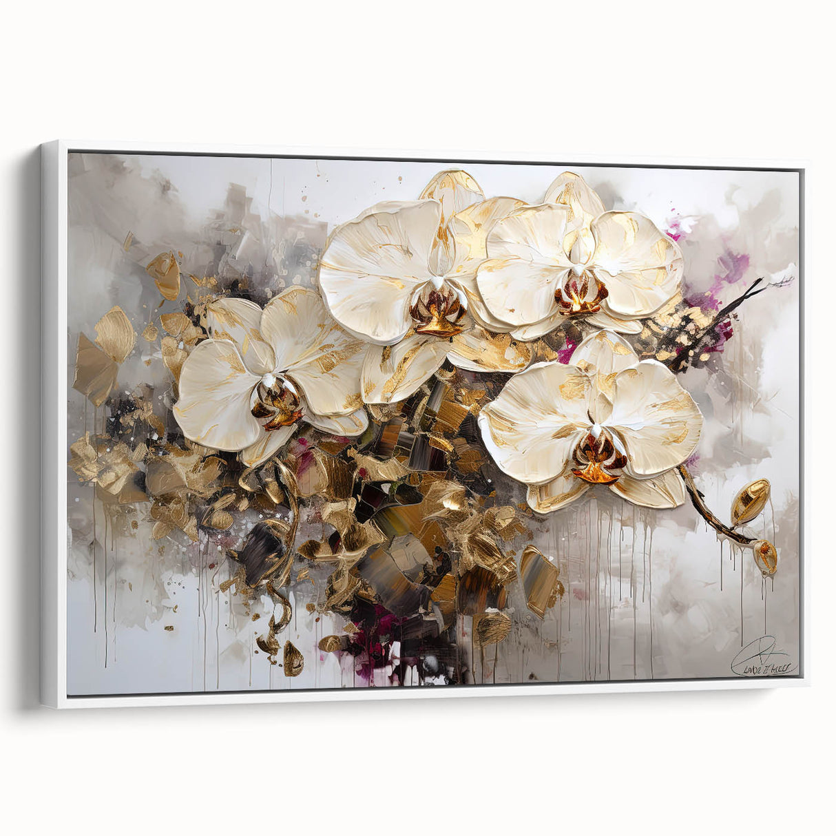 Framed canvas displaying a vibrant abstract floral design in soft pastel colors, showcasing intricate details and textures. Ideal for modern home decor.
