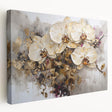 Stretched canvas artwork showcasing an abstract floral design in vibrant colors, ideal for modern decor. Side view highlights the canvas's depth and texture.