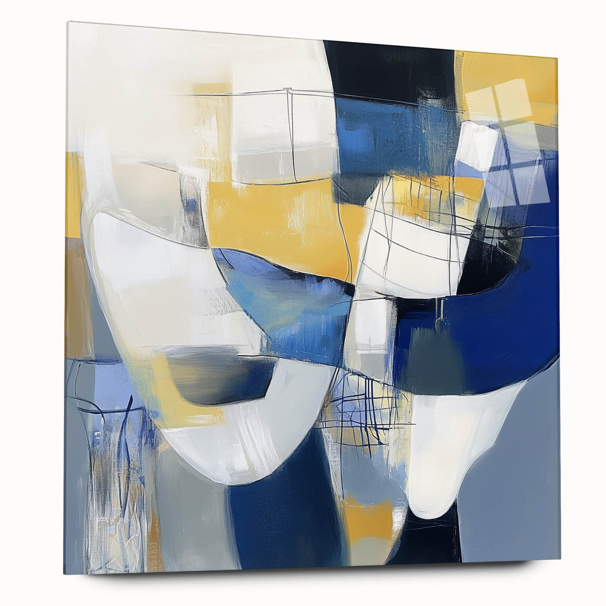 Modern Abstract Wall Art – Blue, Yellow & White Geometric Shapes