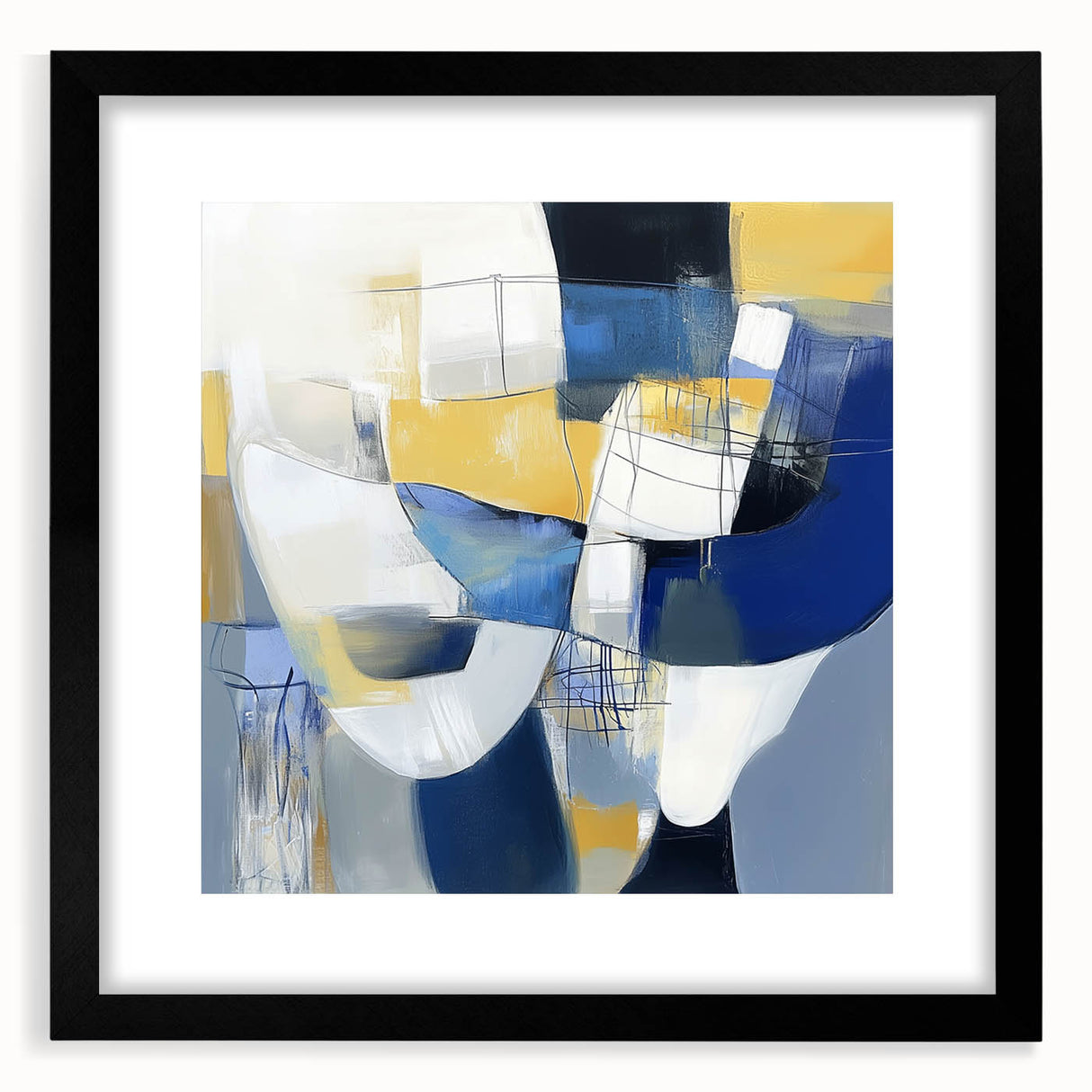 Modern Abstract Wall Art – Blue, Yellow & White Geometric Shapes