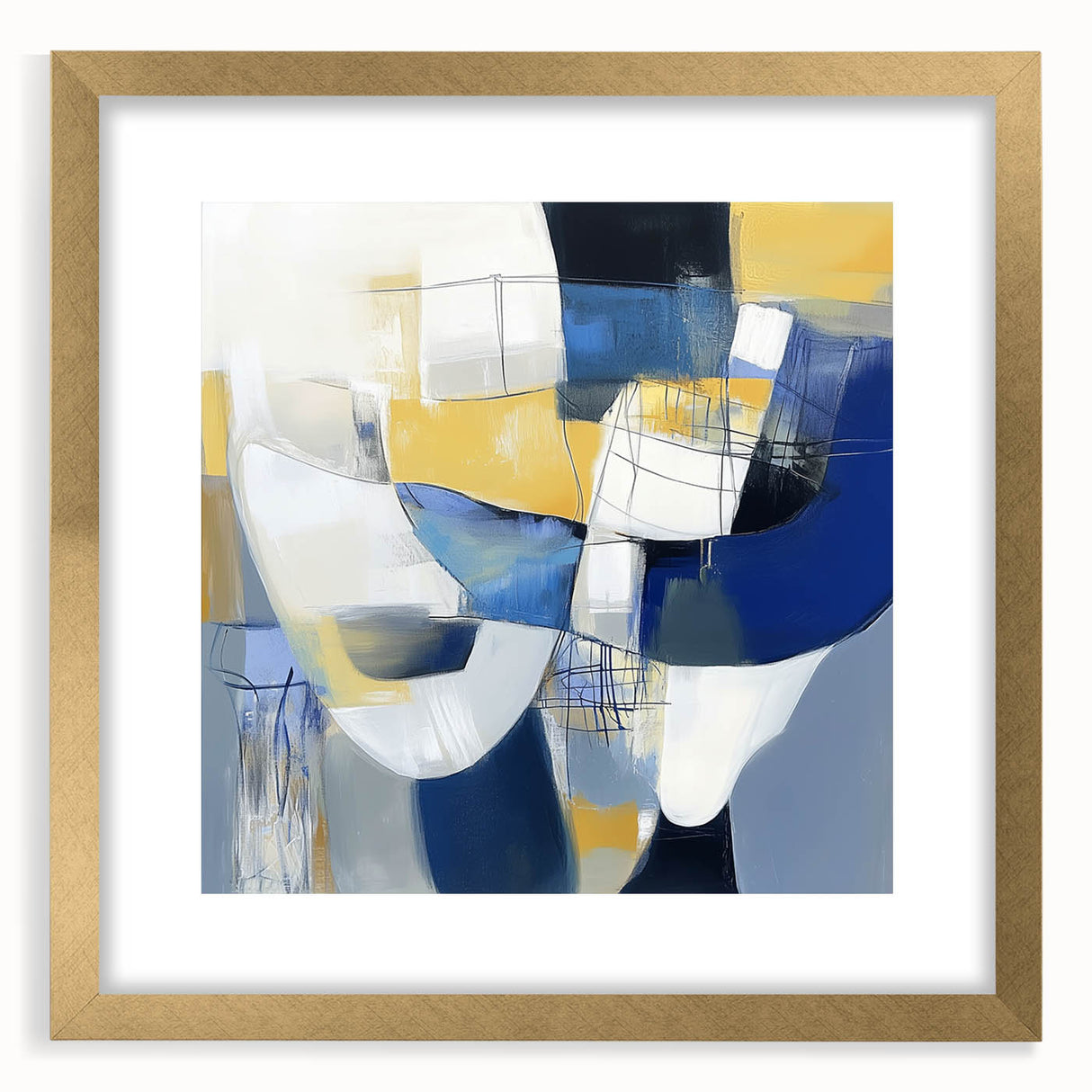 Modern Abstract Wall Art – Blue, Yellow & White Geometric Shapes