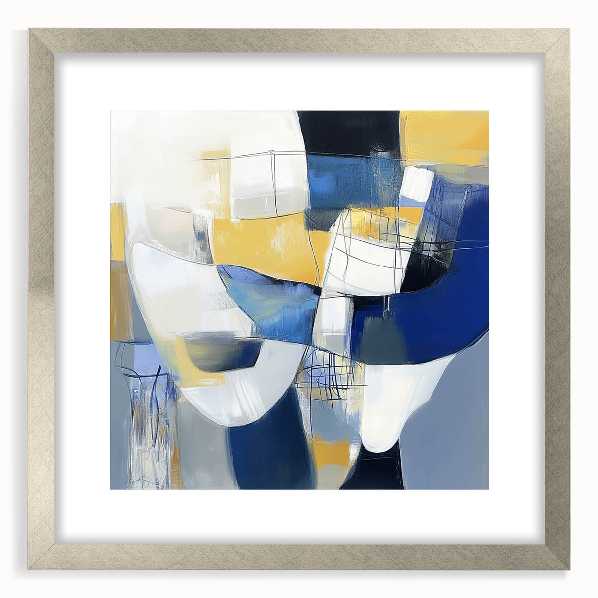 Modern Abstract Wall Art – Blue, Yellow & White Geometric Shapes