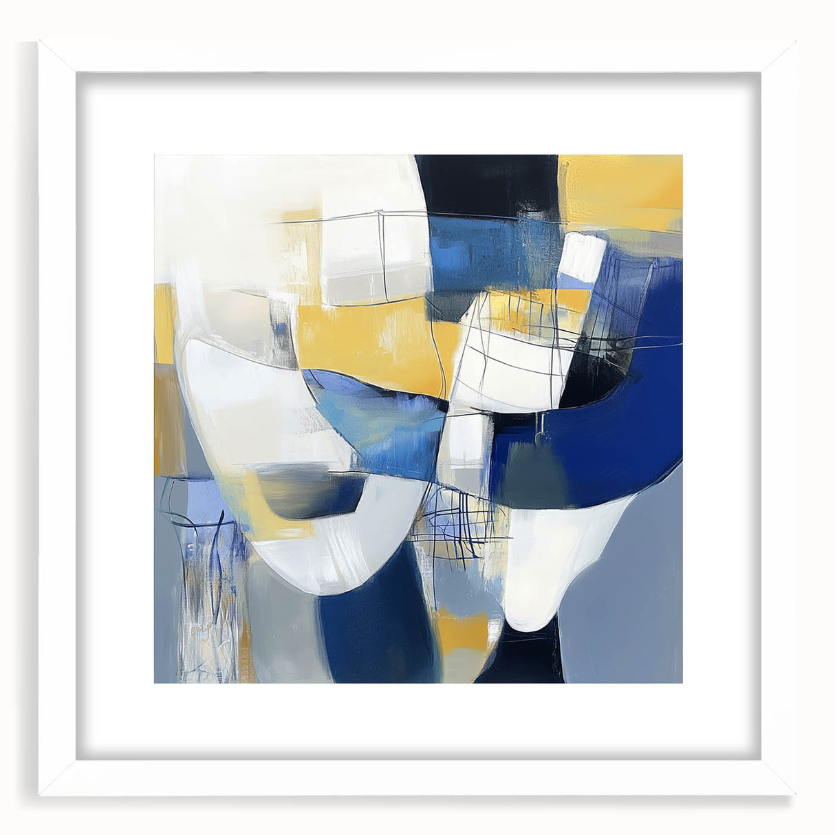 Modern Abstract Wall Art – Blue, Yellow & White Geometric Shapes