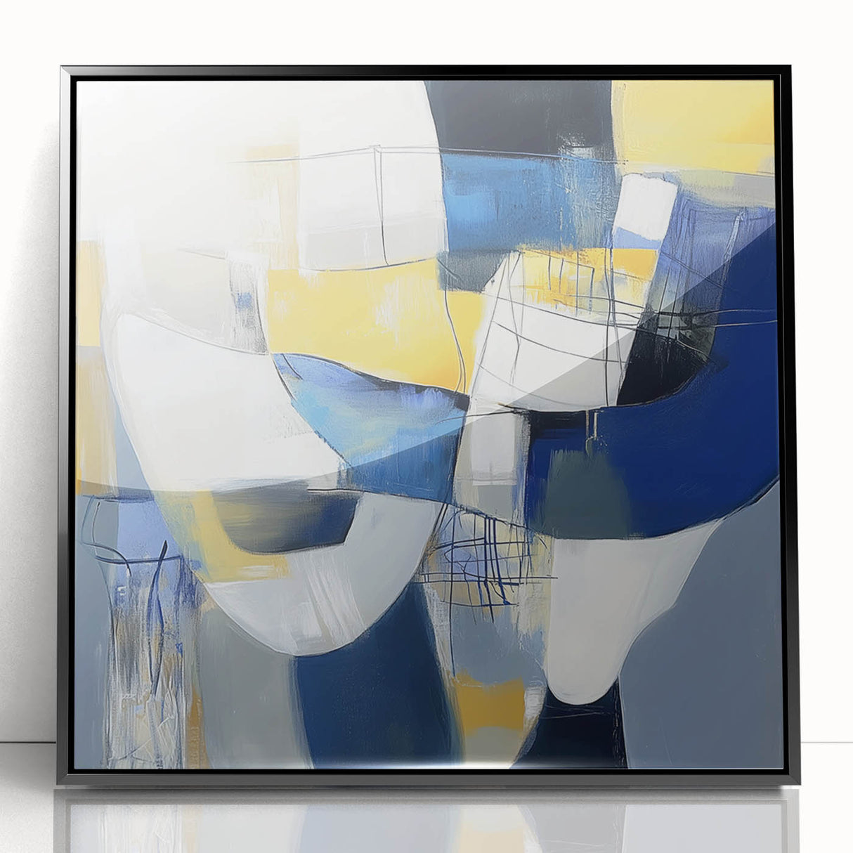 Modern Abstract Wall Art – Blue, Yellow & White Geometric Shapes