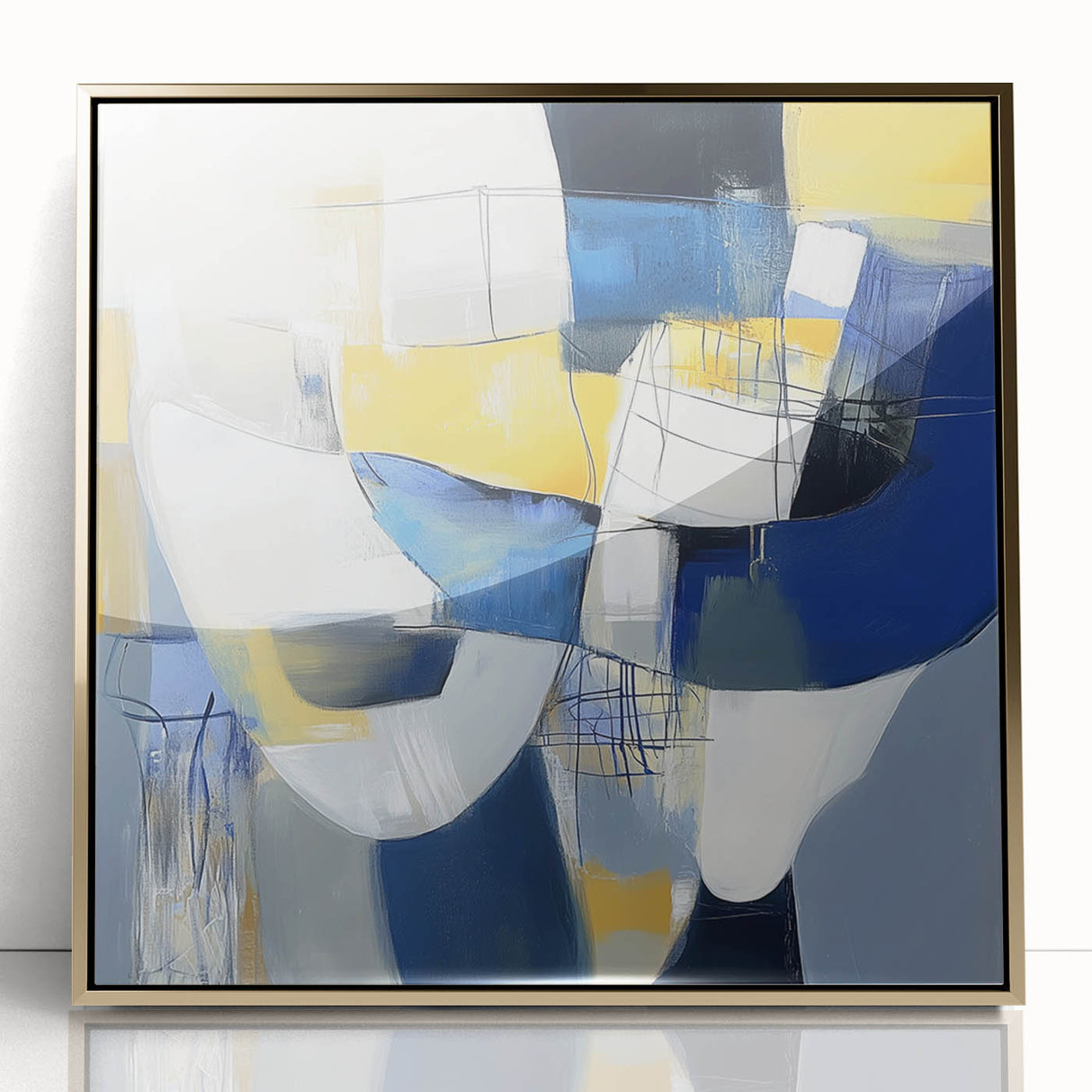 Modern Abstract Wall Art – Blue, Yellow & White Geometric Shapes