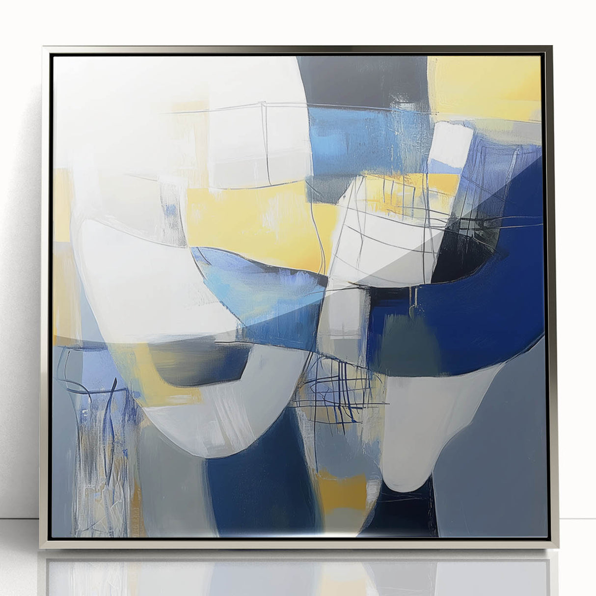 Modern Abstract Wall Art – Blue, Yellow & White Geometric Shapes