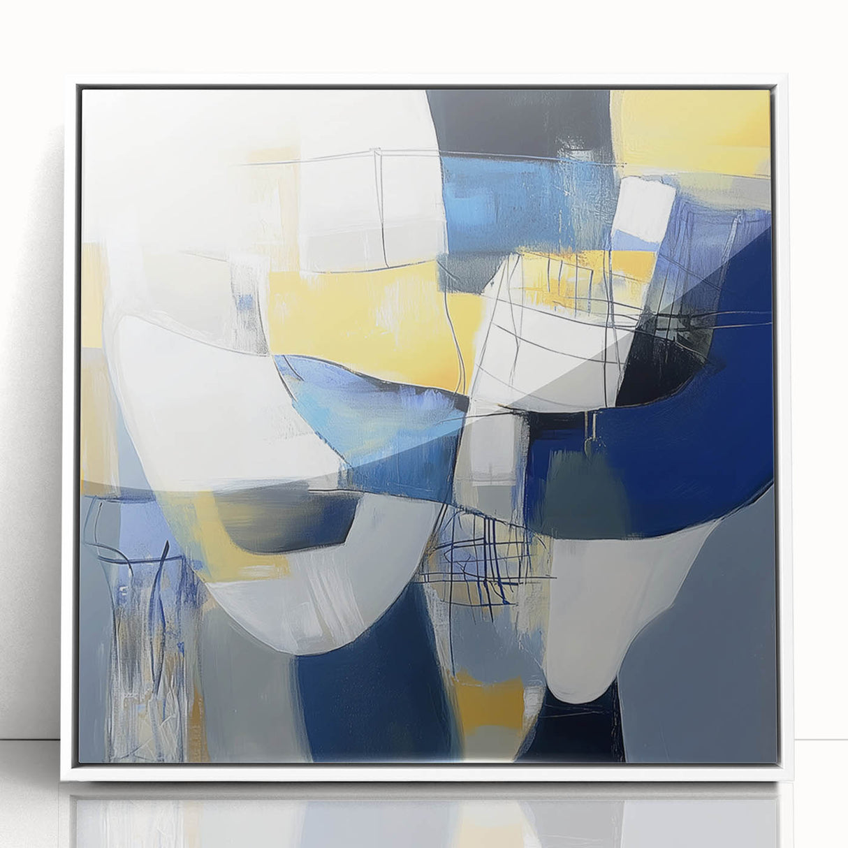 Modern Abstract Wall Art – Blue, Yellow & White Geometric Shapes