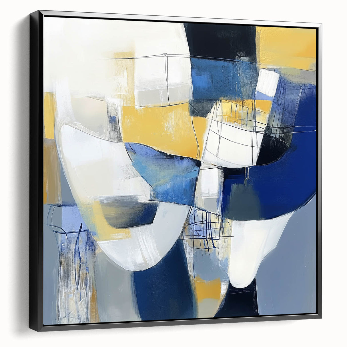 Modern Abstract Wall Art – Blue, Yellow & White Geometric Shapes