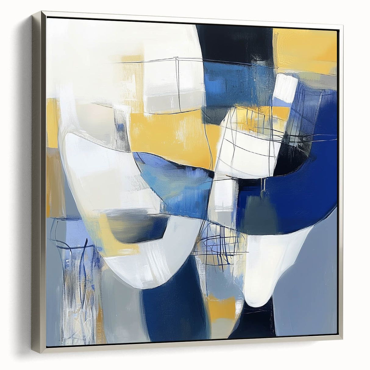 Modern Abstract Wall Art – Blue, Yellow & White Geometric Shapes