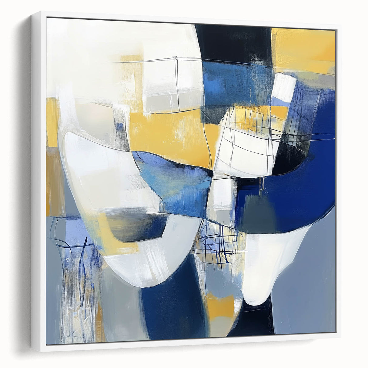 Modern Abstract Wall Art – Blue, Yellow & White Geometric Shapes