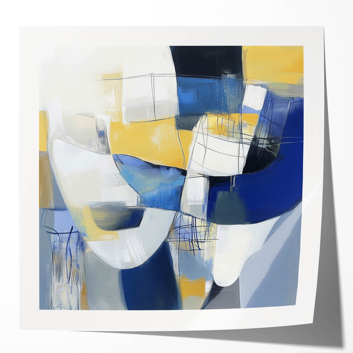 Modern Abstract Wall Art – Blue, Yellow & White Geometric Shapes