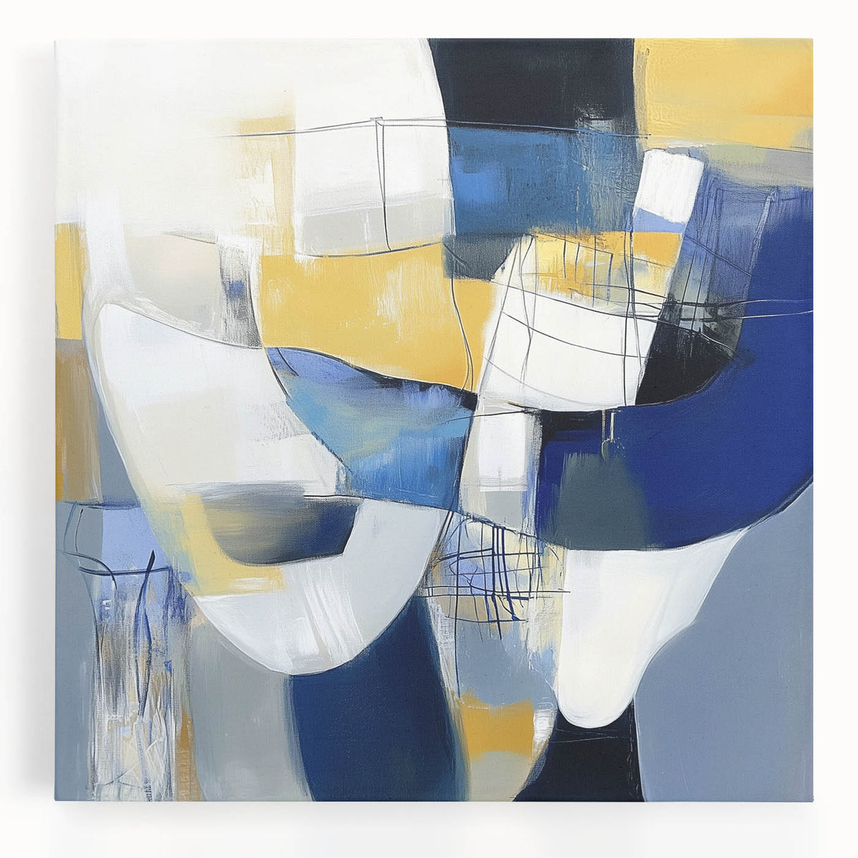 Modern Abstract Wall Art – Blue, Yellow & White Geometric Shapes