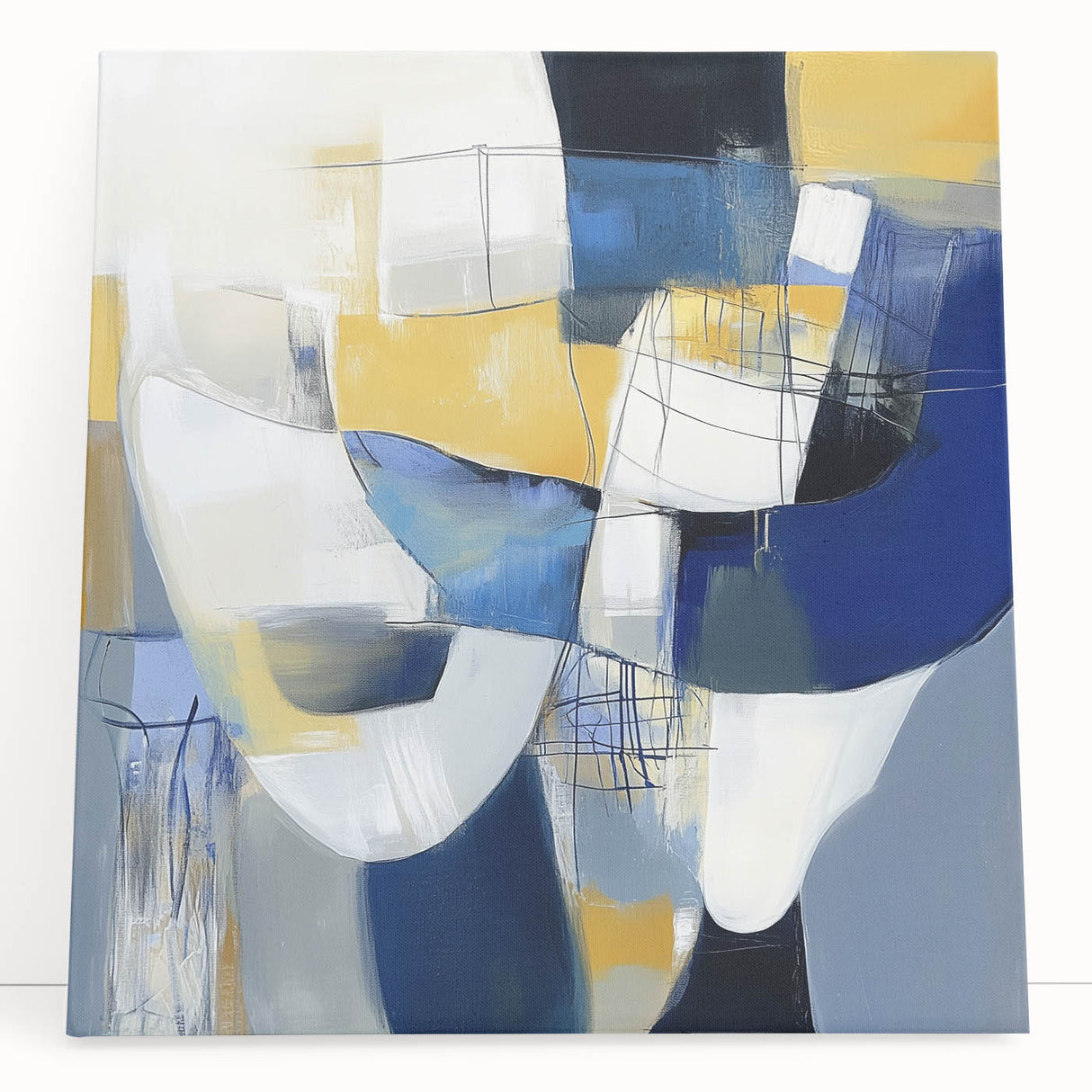 Modern Abstract Wall Art – Blue, Yellow & White Geometric Shapes