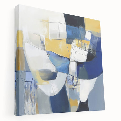 Modern Abstract Wall Art – Blue, Yellow & White Geometric Shapes