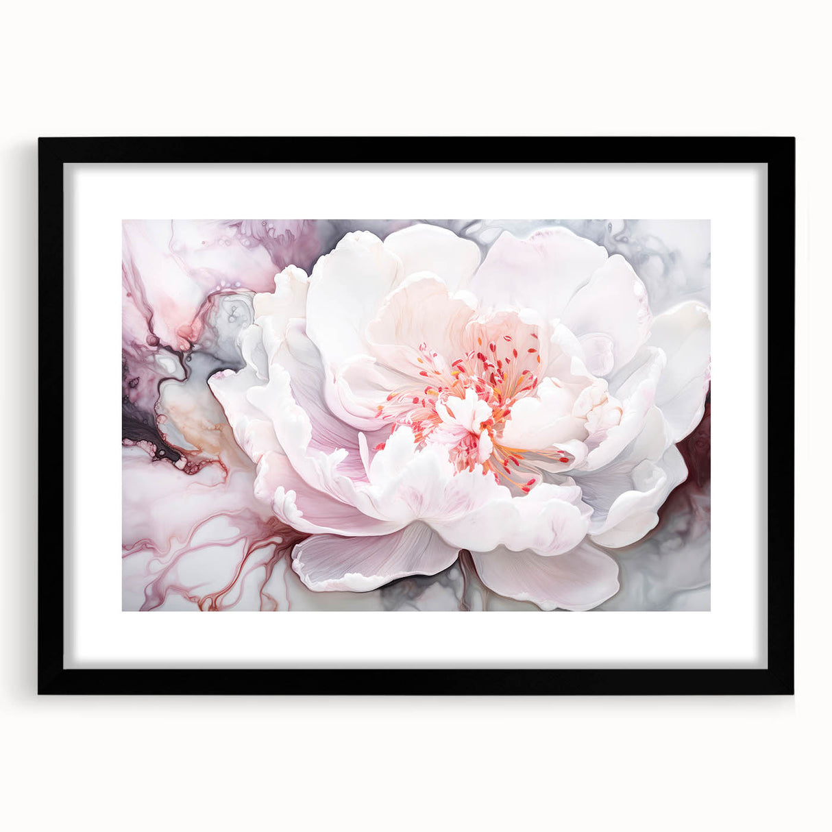 Abstract floral frame in a sleek black mat, showcasing vibrant colors and intricate designs, perfect for modern decor or gallery display. Ideal for art enthusiasts enhancing their space with elegant floral motifs.