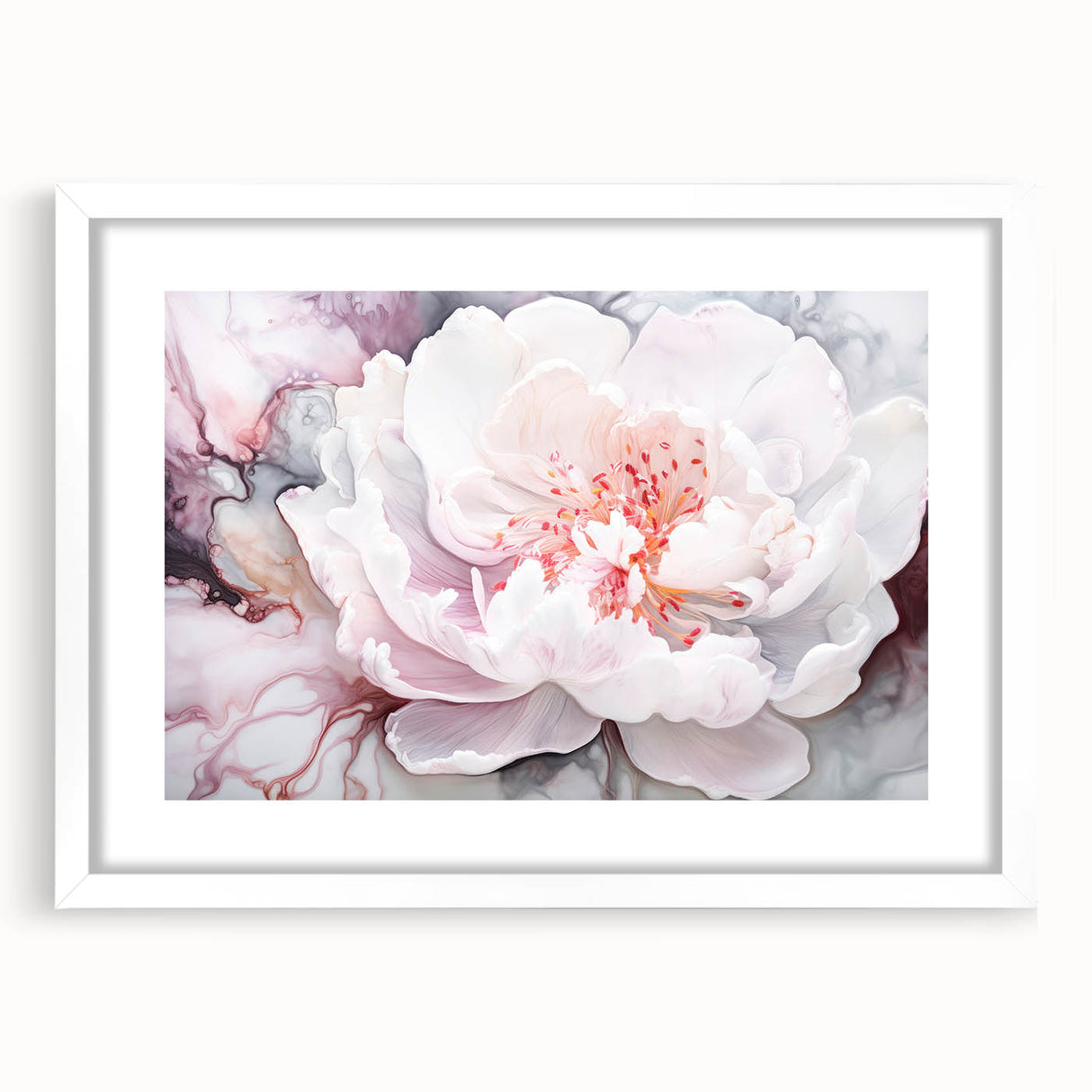Abstract floral design framed with a white mat, showcasing vibrant colors and intricate patterns, ideal for enhancing modern home decor or artistic displays.