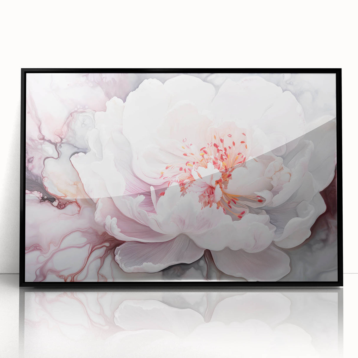 Framed abstract floral artwork with vibrant colors, featuring intricate designs in a black frame, ideal for modern home decor and art enthusiasts.